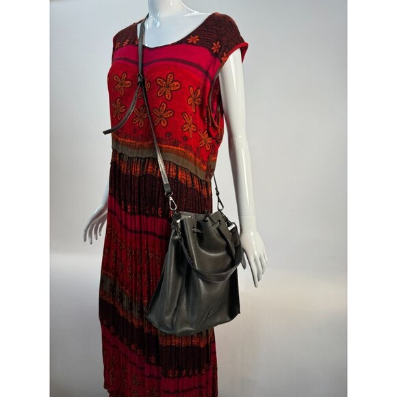 Neiman Marcus Gray Leather Look Drawstring Crossbody Bag Adjustable Strap - Picture 5 of 16